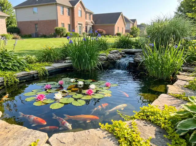 Well-kept water garden with pink and white water lilies, koi, iris and a small stone waterfall